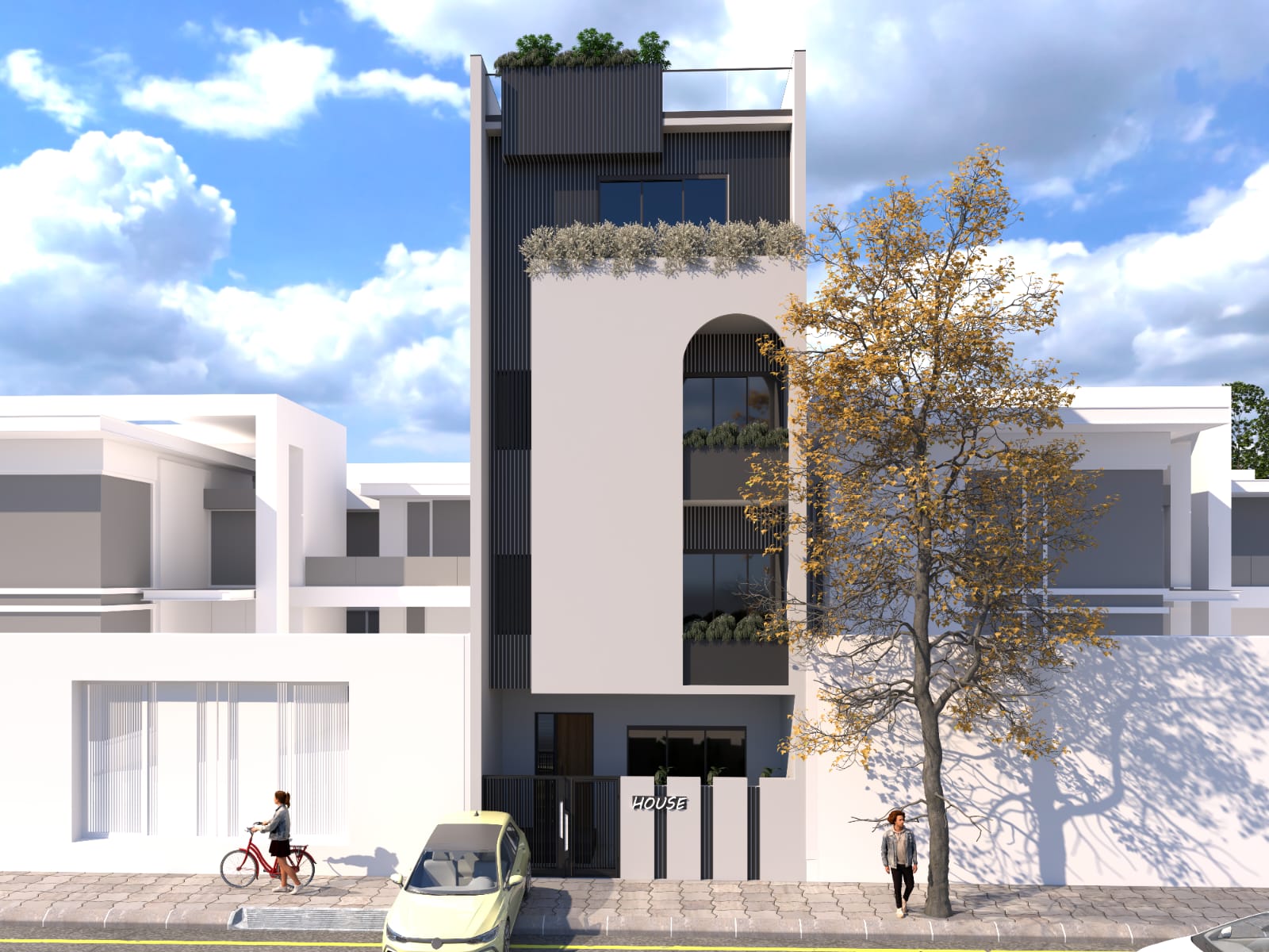 Studio Noorhaus street house facade with arched windows and white rendered walls
