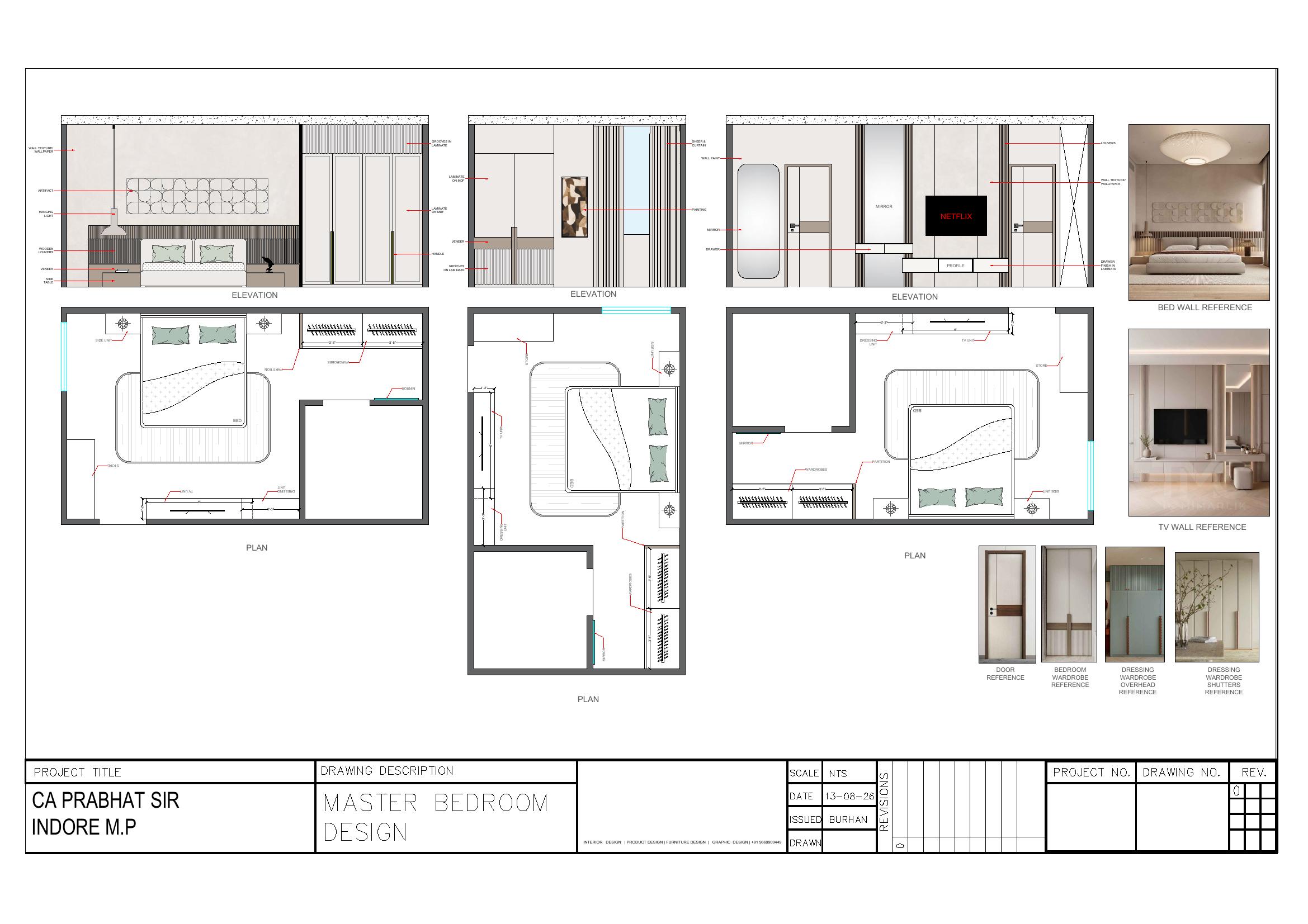 CA Prabhat Residence — Drawings — 2D & Elevation interior in Master & kids bedroom sheets, Indore