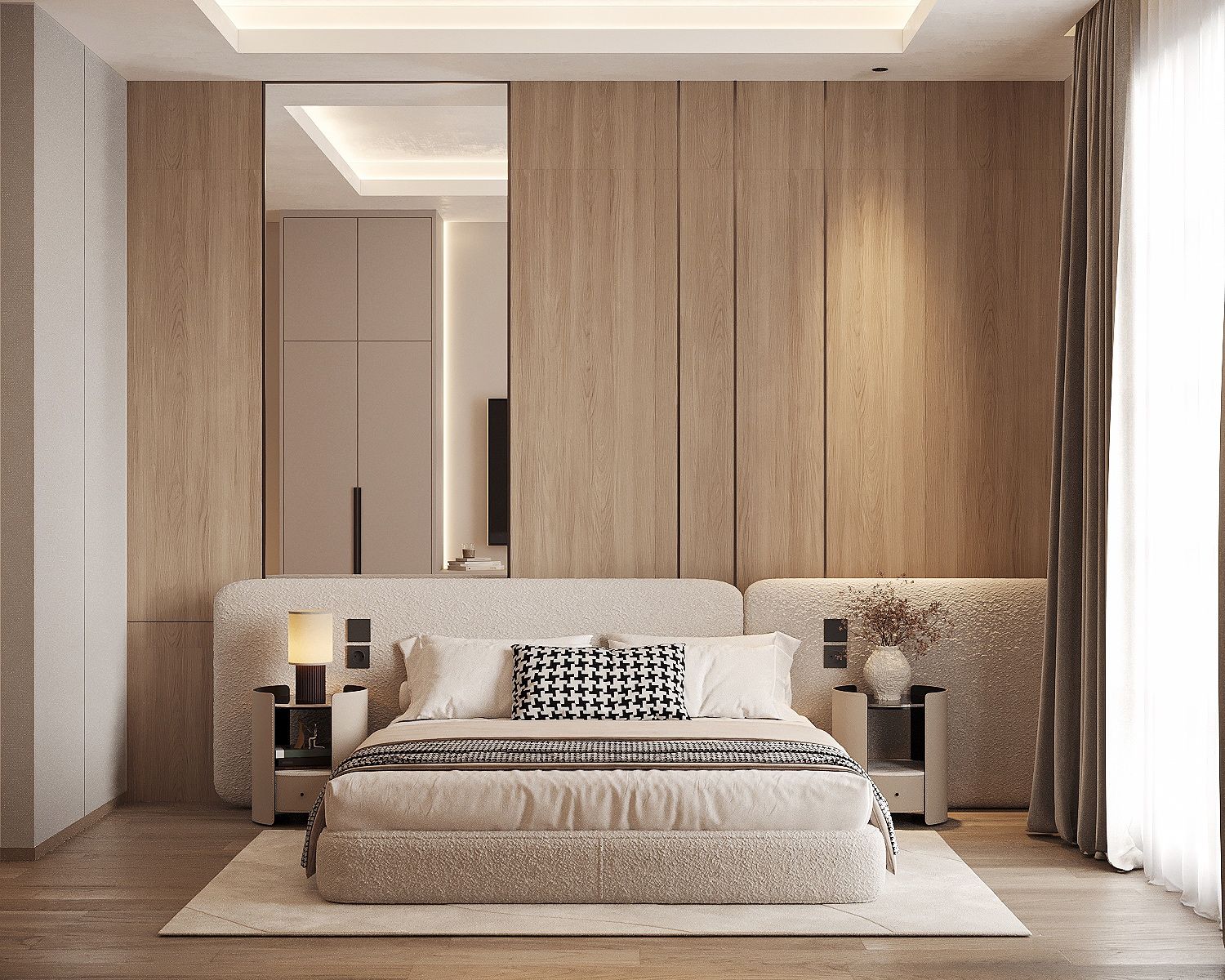 Studio Noorhaus interior — Master bedroom in oak panelling with a bouclé headboard